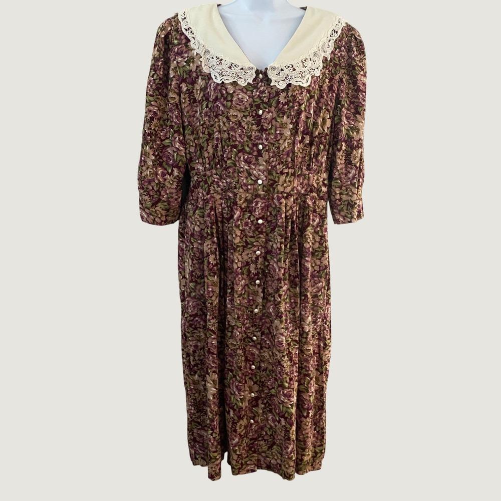 Vintage 80s Prairie Midi Dress 18W Dark Cottagecore Feminine Retro VTG 1980s